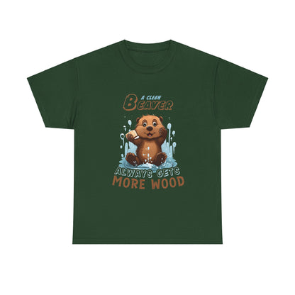 A Clean Beaver Unisex Graphic Cotton Tee in forest green featuring a whimsical cartoon beaver enjoying a playful splash in water, accentuated by the humorous slogan 'ALWAYS GETS MORE WOOD'—perfect for outdoor enthusiasts.