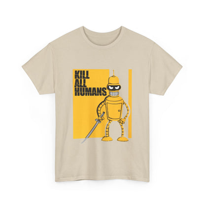 Luxurious graphic tee depicting a cartoon robot, holding a sword, and emblazoned with the phrase 'KILL ALL HUMANS' against a radiant yellow backdrop.