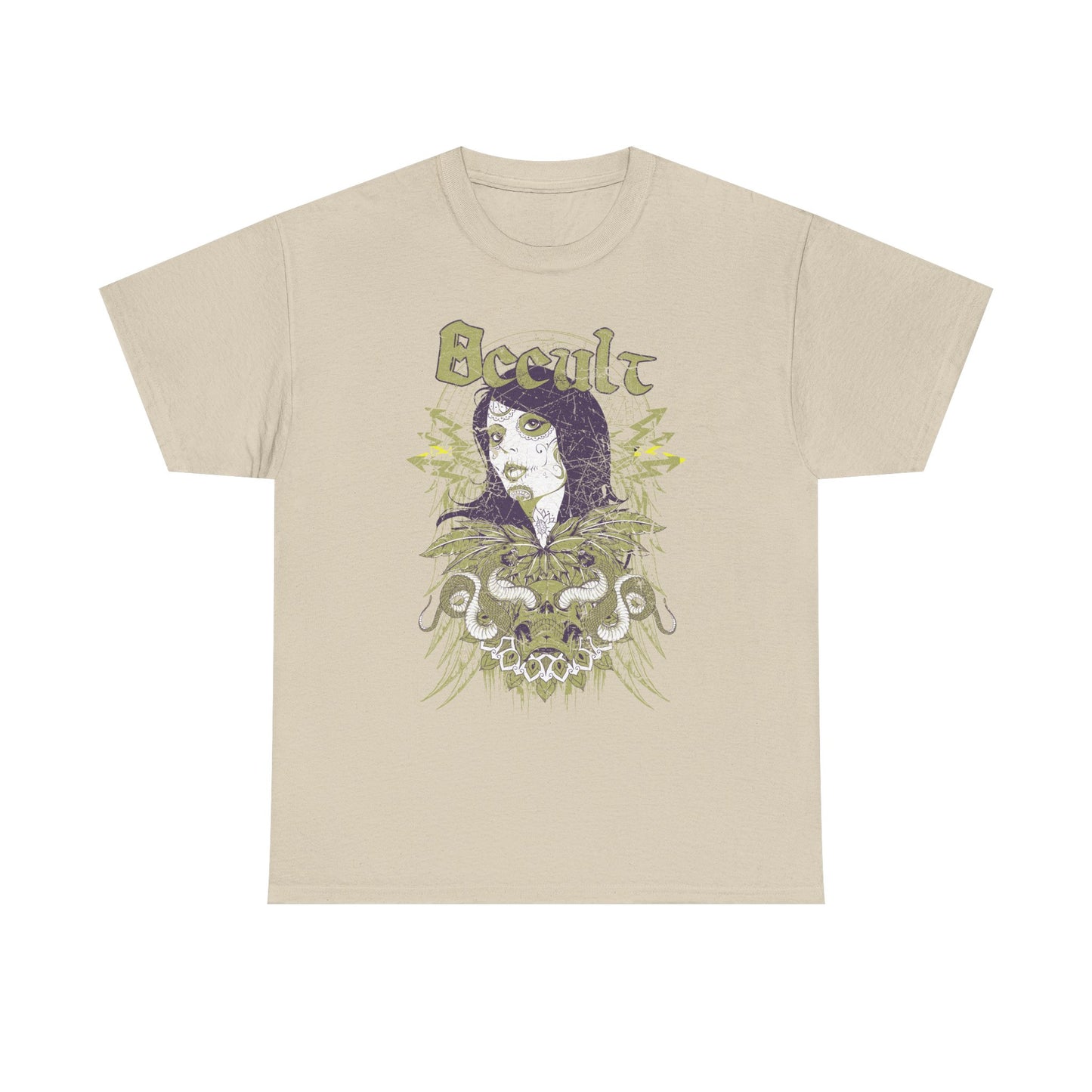 Chic beige graphic t-shirt displaying a beautifully crafted Day of the Dead skull illustration, enhanced by whimsical wings and serpents, with the word 'Occult' artistically integrated into the design.