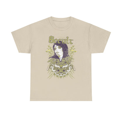 Chic beige men's graphic t-shirt illustrating an intricate Day of the Dead skull motif, complemented by whimsical wings and snakes, proclaiming 'Occult' in a stylish, elegant font.