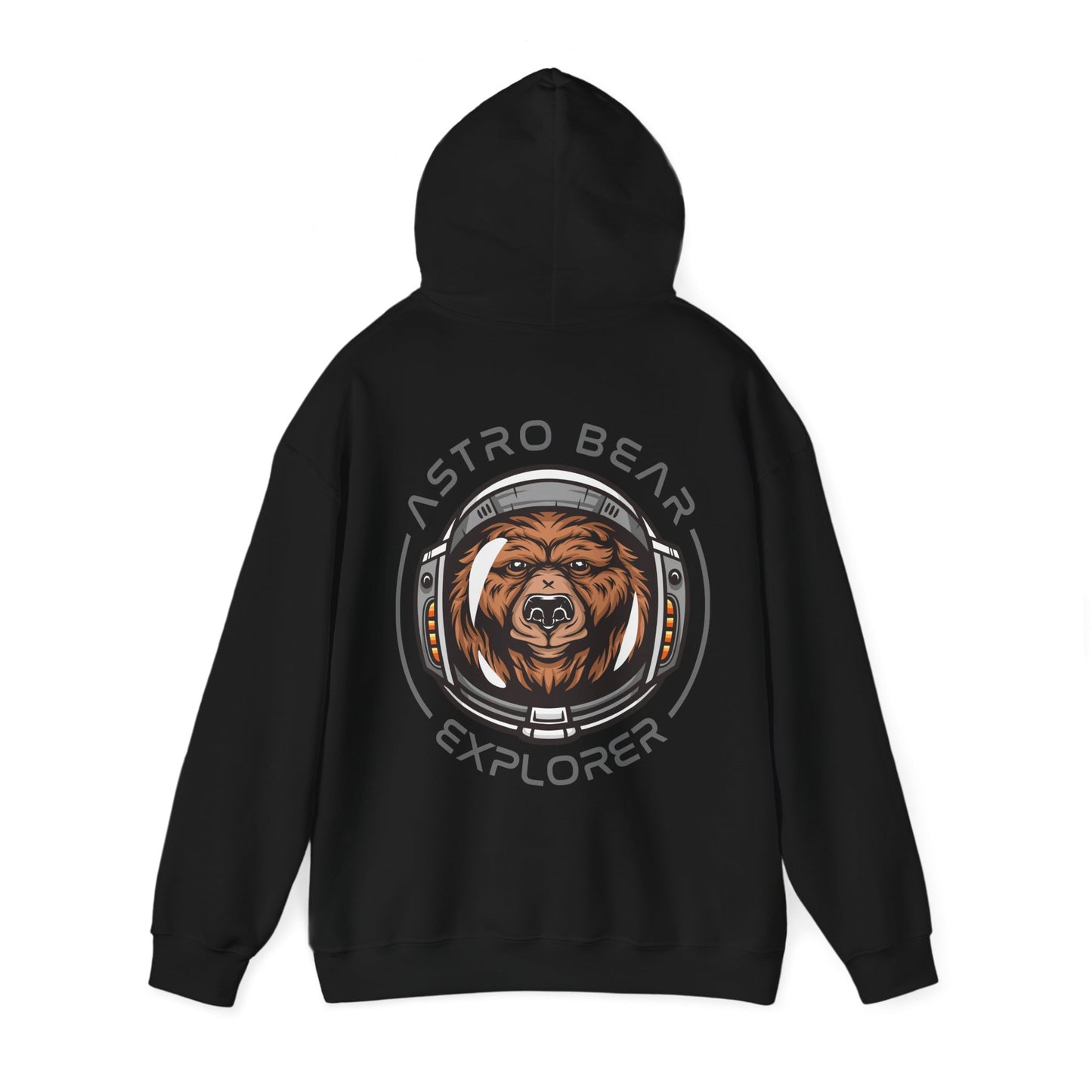 Luxurious black hoodie showcasing a captivating back print of a cartoon bear wearing an astronaut helmet, surrounded by 'ASTRO BEAR EXPLORER' lettering, perfect for the modern explorer.