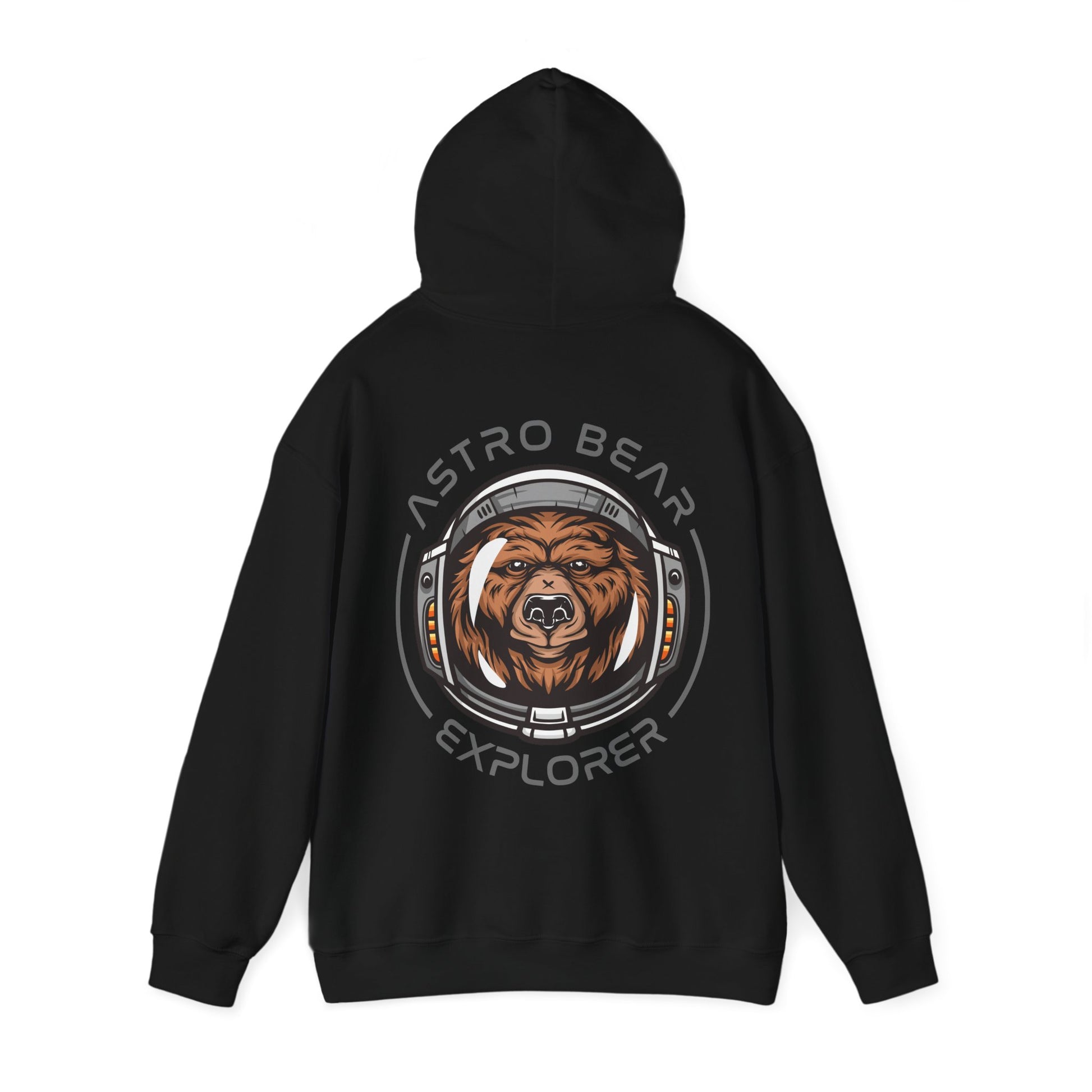 Luxurious black hoodie showcasing a captivating back print of a cartoon bear wearing an astronaut helmet, surrounded by 'ASTRO BEAR EXPLORER' lettering, perfect for the modern explorer.