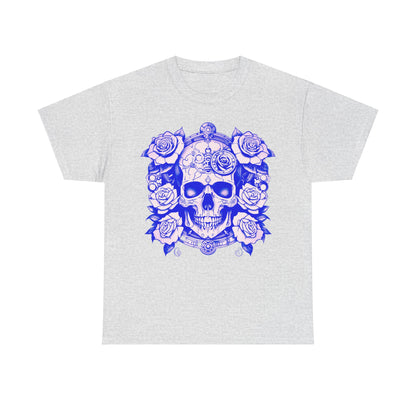 Skulls and Roses Cotton Tee, Unisex Graphic Shirt in grey, featuring intricate blue skull and rose artwork, emphasising luxury and style.
