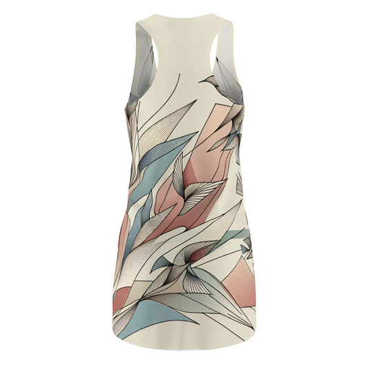 Close-up view of Lorenzo Bellezza Pastel-Patterned Racerback Dress with Bird Design, highlighting the intricate pastel patterns and modern fashion aesthetics.
