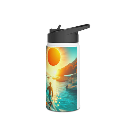 Elegant Fantasy Paddleboarding Stainless Steel Water Bottle featuring a stunning sunset scene with a paddleboarder, perfect for outdoor enthusiasts.
