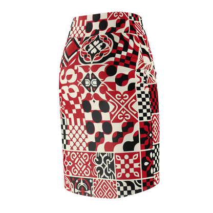 Model wearing the Vibrant Red Checkerboard Pencil Skirt by Dazzling Dreams Studio in a stylish outfit, demonstrating its versatility for both casual and formal occasions.