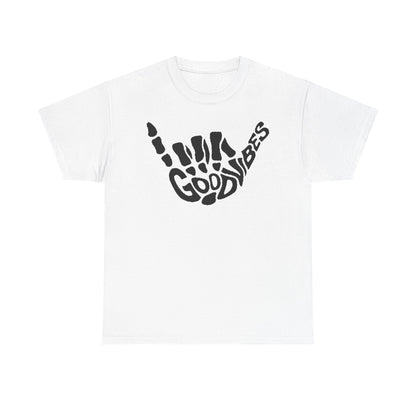 Elegant white t-shirt designed for men, featuring a unique skeletal hand gesture with the text 'GOOD VIBES' in a contemporary style.
