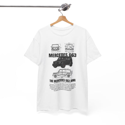Elegant Unisex Men's T-Shirt with artistic technical illustrations of the Mercedes-AMG G63, including exact measurements and stylish graphics for automotive enthusiasts.