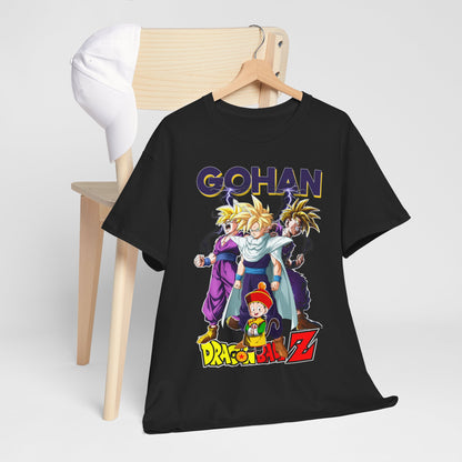 Stylish Gohan Ascends T-Shirt on a wooden chair paired with a white cap, displaying iconic characters from Dragon Ball Z in vivid colour.