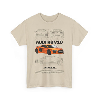 Audi R8 V10 T-shirt in a sophisticated beige tone featuring an intricate graphic of the iconic sports car and technical illustrations.