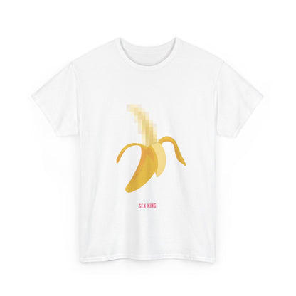 Chic white t-shirt adorned with a modern pixelated banana graphic and the phrase 'SEX KING' in striking pink, embodying a fusion of art and playful expression.