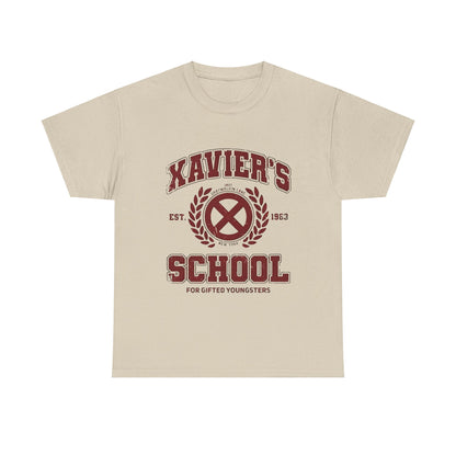 Xavier's School for Gifted Youngsters X-Men Logo Graphic Unisex Tee Shirt in cream, a luxurious and stylish tribute to iconic mutants, featuring the bold X-Men logo and classic typography.