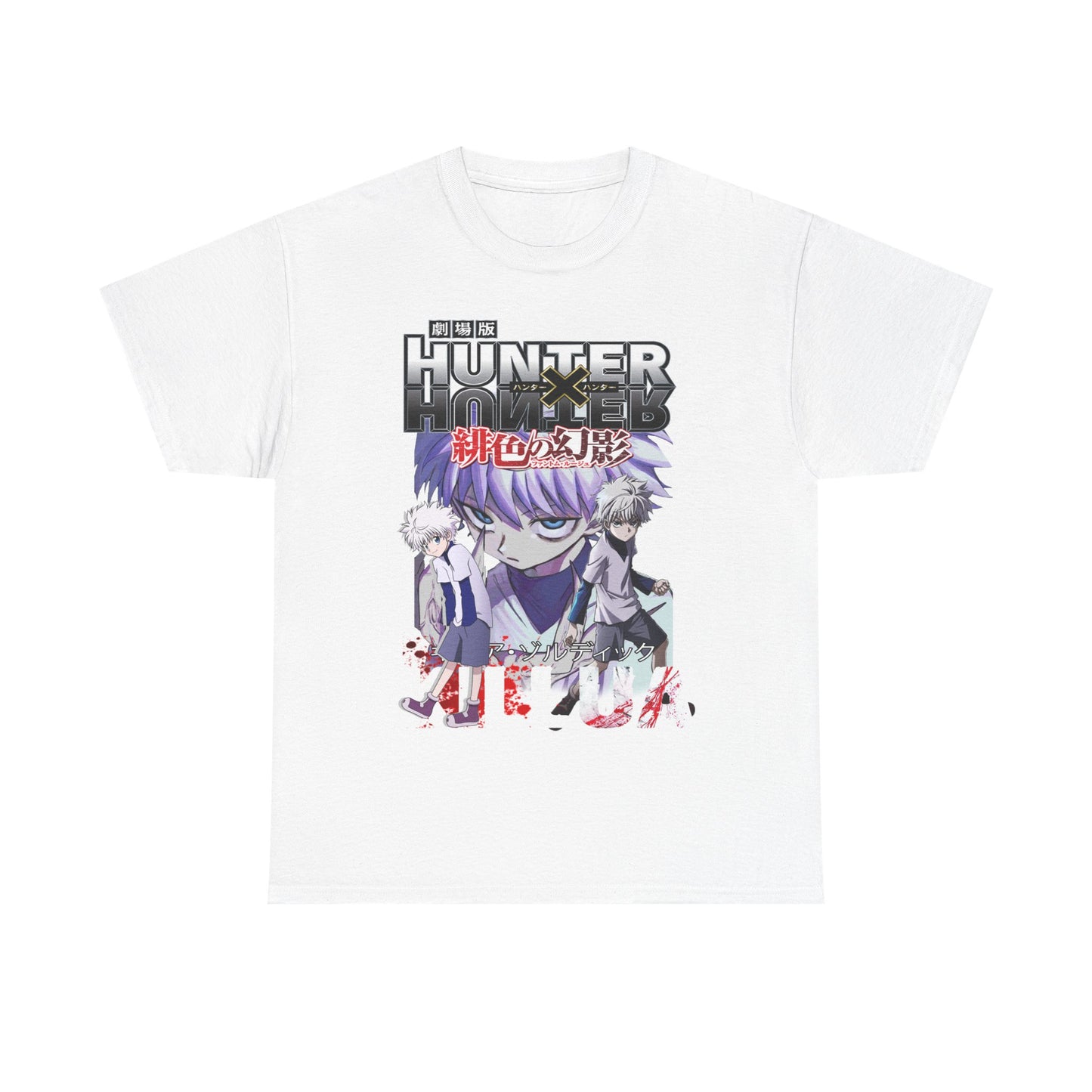 Elegant white graphic tee showcasing Killua and Gon from Hunter x Hunter, intricately designed with vivid colours, making it a standout piece for anime lovers.