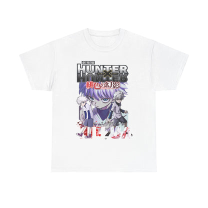 Elegant white graphic tee showcasing Killua and Gon from Hunter x Hunter, intricately designed with vivid colours, making it a standout piece for anime lovers.