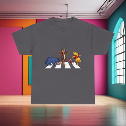 Sophisticated Pooh and Friends Abbey Road Graphic T-Shirt in heather grey, featuring whimsical Disney characters elegantly crossing a stylish road.