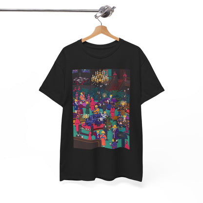 Sophisticated black t-shirt displaying a detailed and vibrant design related to 'Squid Game', capturing a dynamic social event with eclectic characters and rich colours.