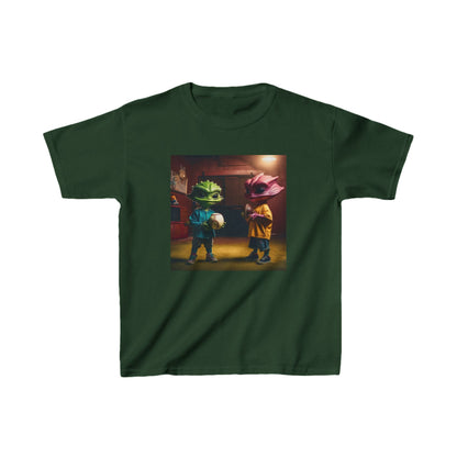Kids Cute Aliens Heavy Cotton Tee adorned with fun alien artwork, perfect for igniting imagination, showcased in a rich forest green.