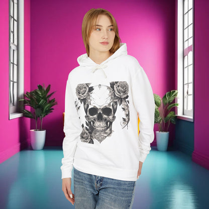 Unisex Lightweight Hooded Sweatshirt featuring a unique designer skull and roses artwork, modelled in a chic white colour against a vibrant pink backdrop, showcasing a blend of sophistication and modern style.