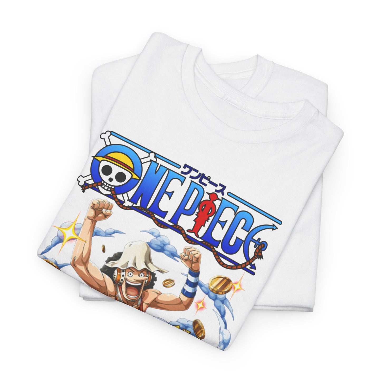 Folded men's t-shirt with the Usopp design from One Piece, featuring bright colours and detailed artwork suitable for collectors.