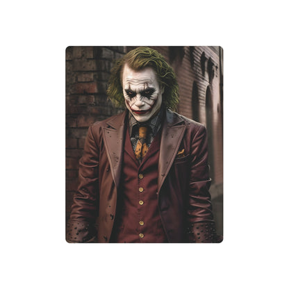 Elegant Joker Metal Art Poster showcasing the Clown Prince of Crime, perfect for dark knight fans, crafted in stunning matte aluminium for sophisticated home decor.