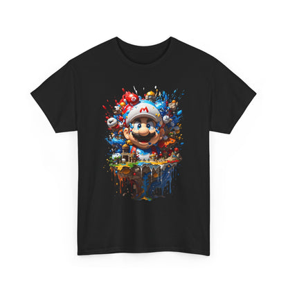 Mario's Colorful Adventure Graphic T-Shirt in black, featuring a vibrant design of Mario amidst a splash of colours and whimsical backgrounds, ideal for urban styled outfits.