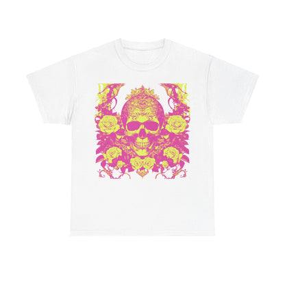 Skulls and Roses Cotton Tee in white, highlighting a striking pink and yellow skull surrounded by roses, an exquisite addition to any fashion-forward wardrobe.