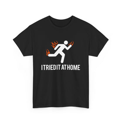 Front view of a stylish black men's t-shirt featuring a dynamic stick figure running graphic and vivid flames, embodying energy and motivation.