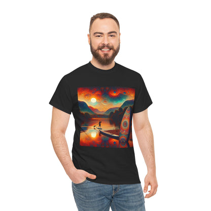 Stylish Paddleboarding Scene T-Shirt for active lifestyles, designed by Dazzling Dreams Studio, ideal for nature lovers and water sports fans.