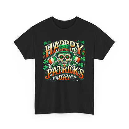 St Patricks Day Unisex Men's Women's Graphic Cotton Funny T Shirt Tee Vintage depicting a striking sugar skull-themed graphic adorned with shamrocks and festive colours, the perfect luxury attire for St. Paddy’s Day festivities.