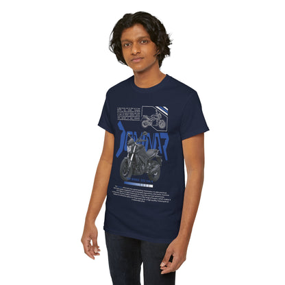 A male model in a navy blue luxury T-shirt displaying an impressive Dominar 400 motorcycle illustration, reflecting an adventurous spirit and premium fashion.
