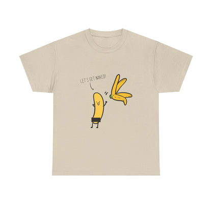 Sophisticated beige unisex graphic tee showcasing a whimsical banana character, adorned with the cheeky phrase 'LET’S GET NAKED!' This t-shirt highlights a blend of luxury and playful design, ideal for elevating everyday elegance.