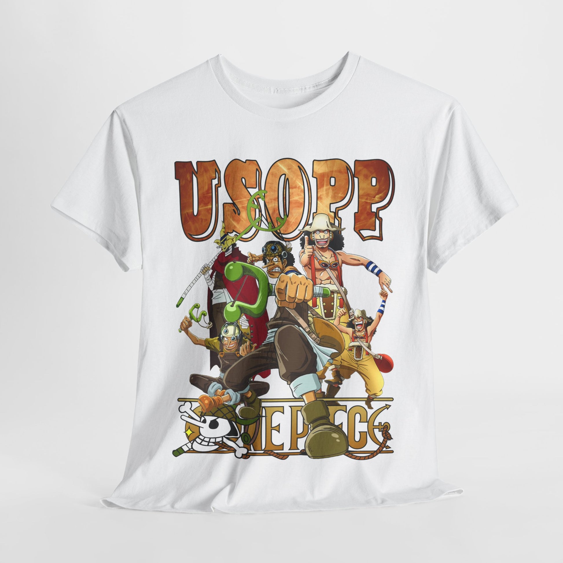Artistic display of a premium white t-shirt with a dynamic Usopp design, capturing the essence of adventure and anime culture.