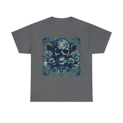 Sophisticated Skulls and Roses Cotton Tee lying flat on a grey background, showcasing its captivating steampunk inspired skull artwork.