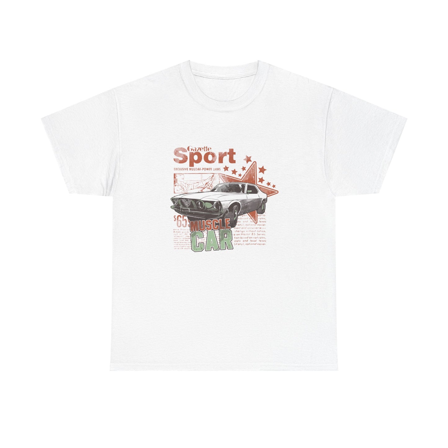 Luxurious vintage white T-shirt featuring a graphic design of a classic muscle car with 'Gazette Sport' text and retro star motifs, perfect for car enthusiasts.