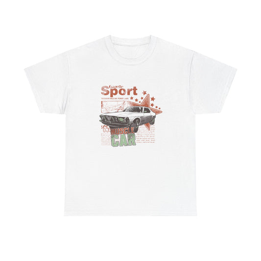 Luxurious vintage white T-shirt featuring a graphic design of a classic muscle car with 'Gazette Sport' text and retro star motifs, perfect for car enthusiasts.