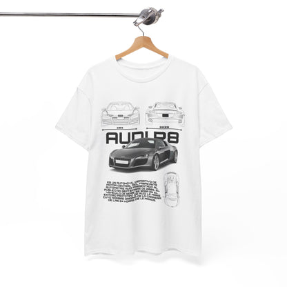Premium quality Audi R8 blueprint t-shirt displayed on a hanger, featuring a classic design that combines elegance and passion for automotive engineering.