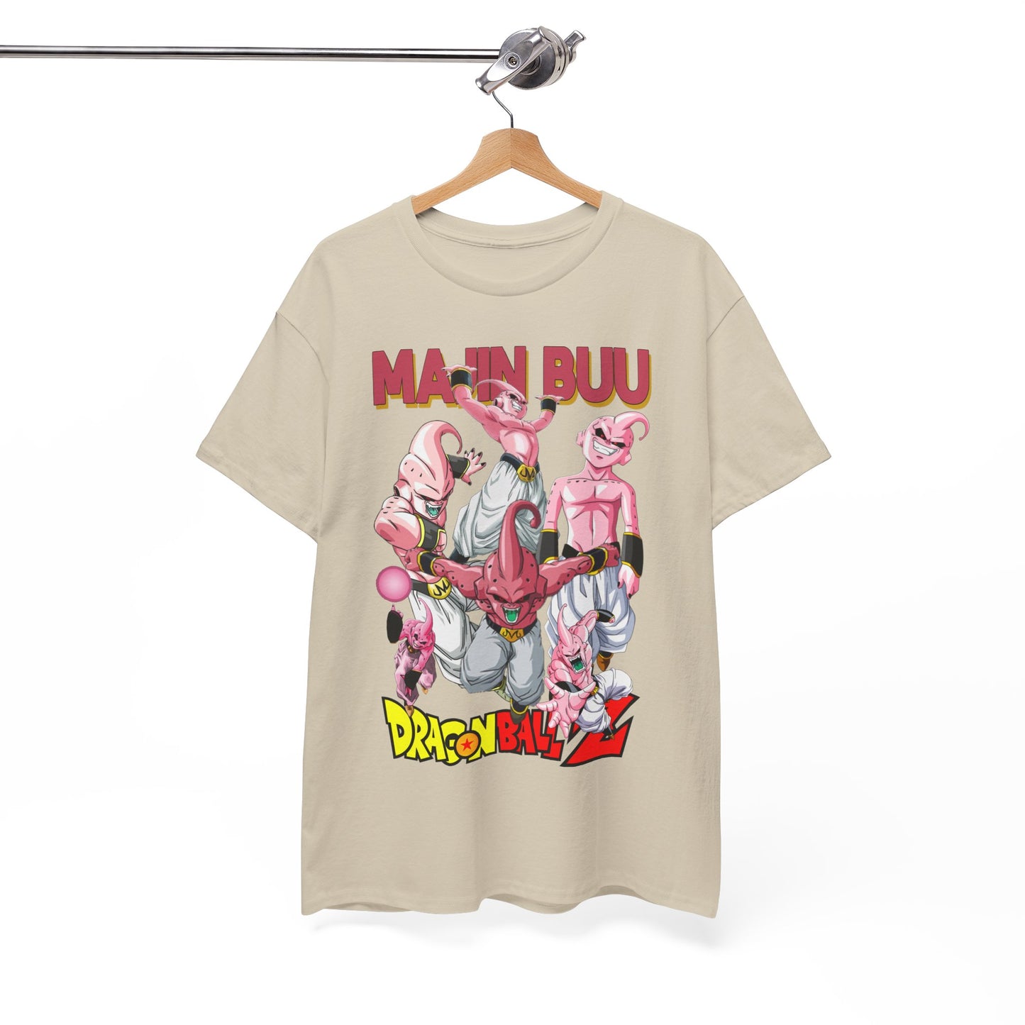 Exquisite Majin Buu T-shirt hanging elegantly, showcasing a vibrant graphic artwork that pays homage to the Dragon Ball Z series, perfect for anime aficionados.