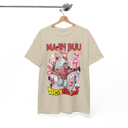 Exquisite Majin Buu T-shirt hanging elegantly, showcasing a vibrant graphic artwork that pays homage to the Dragon Ball Z series, perfect for anime aficionados.