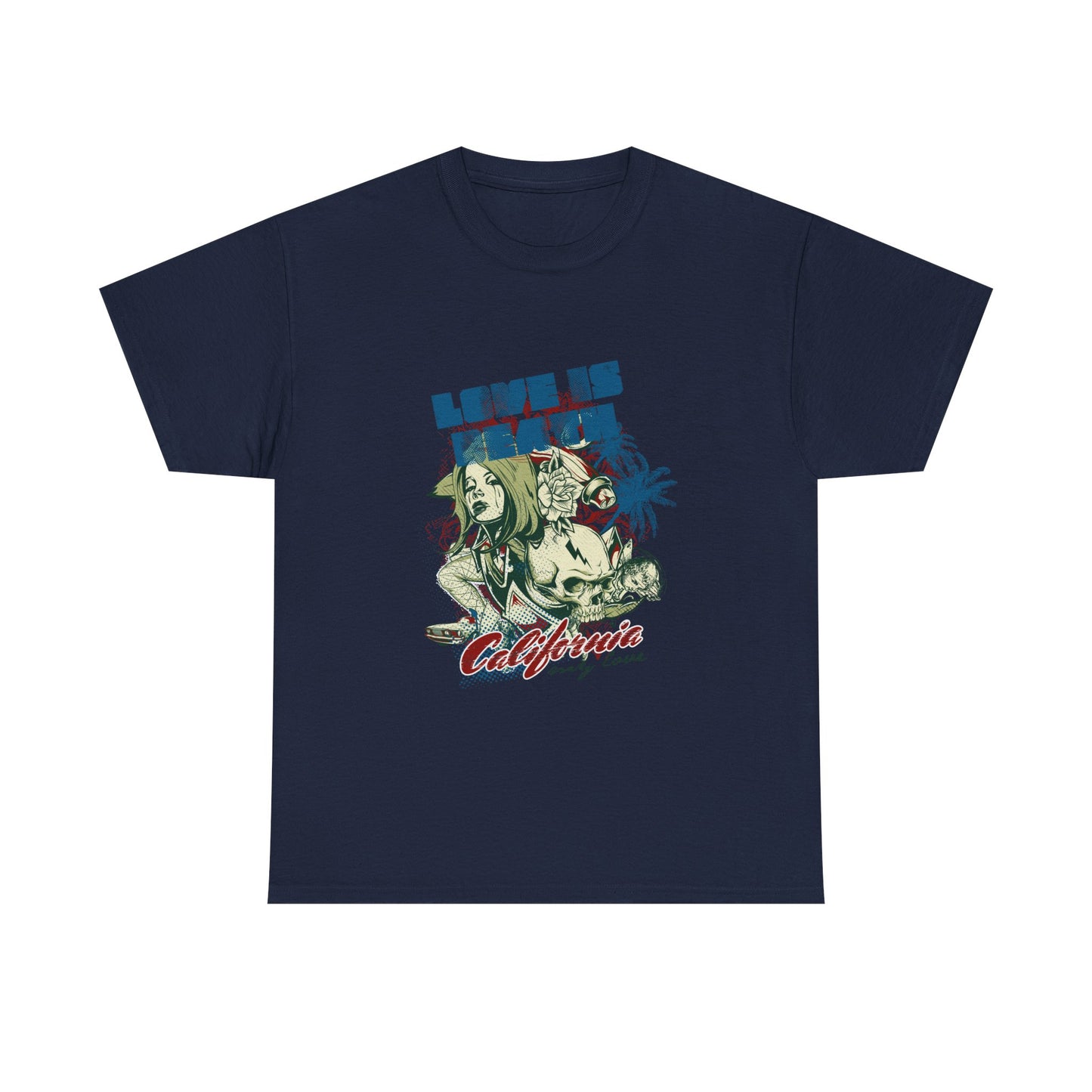 Chic navy men's t-shirt illustrating a stunning graphic of a female figure with 'LOVE IS DEATH' text, skull, and palm trees, perfect for those embracing gothic luxury.