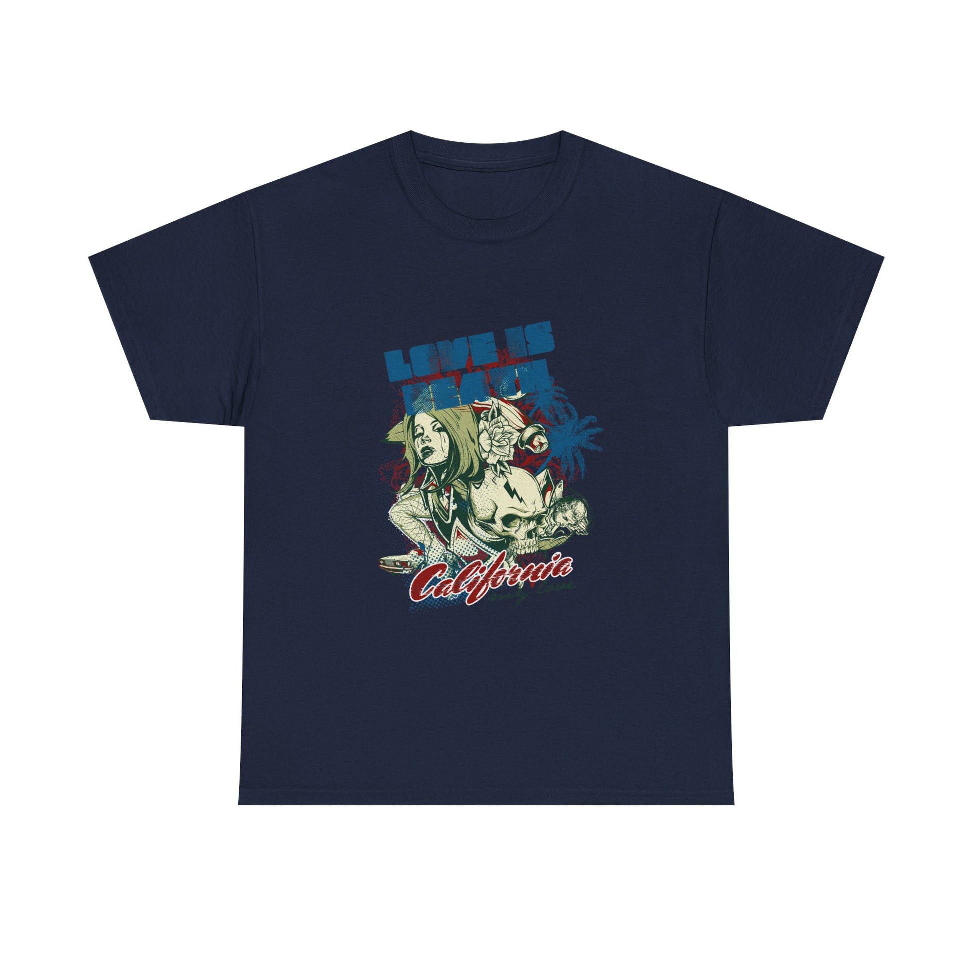 Chic navy men's t-shirt illustrating a stunning graphic of a female figure with 'LOVE IS DEATH' text, skull, and palm trees, perfect for those embracing gothic luxury.