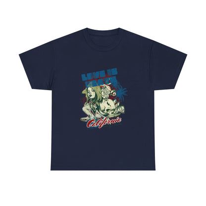 Chic navy men's t-shirt illustrating a stunning graphic of a female figure with 'LOVE IS DEATH' text, skull, and palm trees, perfect for those embracing gothic luxury.