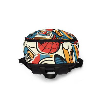 Stylish display of the Vibrant Abstract Backpack by Dazzling Dreams Studio, highlighting its durable construction and vibrant patterns, ideal for modern adventurers.