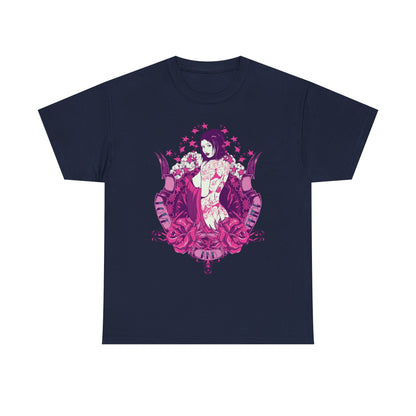 Luxurious graphic men's t-shirt featuring vibrant tattoo art of a figure with dark purple hair, surrounded by a floral design in deep red and pink hues, perfect for stylish casual wear.