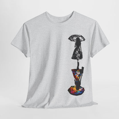 Duality Dreams Unisex T-Shirt in grey, adorned with an artistic floral design, displaying a silhouette of a woman with an umbrella alongside a colorful abstract counterpart, ideal for a luxurious wardrobe.