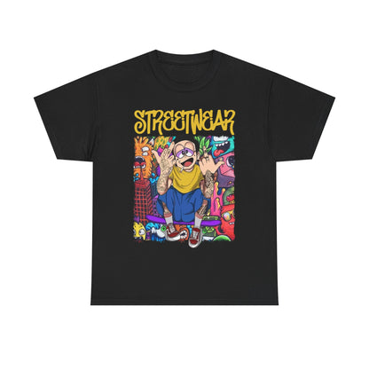 Chic black t-shirt with eye-catching 'STREETWEAR' graphic and vibrant cartoon design, perfect for making a stylish statement.