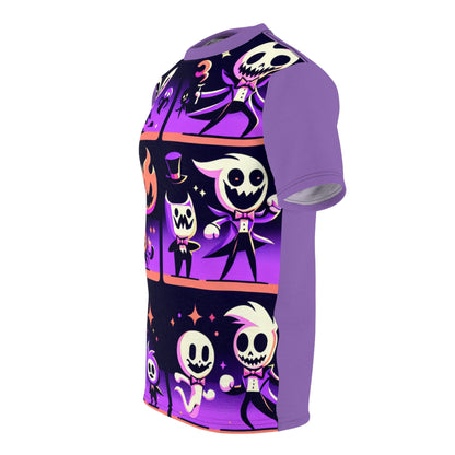 Close-up of the high-quality fabric of the Whimsical Cartoon Spectre T-Shirt by Dazzling Dreams Studio, showcasing its luxurious softness and intricate design.