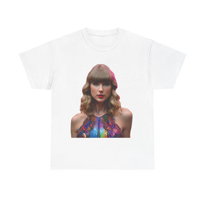 Classic Swifties Psychedelic Taylor Swift Heavy Cotton Tee in white, featuring a vibrant psychedelic image of Taylor Swift, perfect for any fan seeking luxury style.