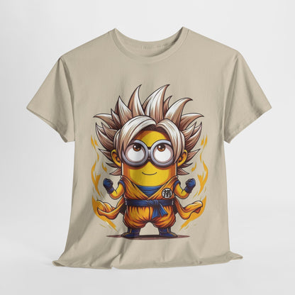 Minion´s Dragon Ball Z Mashup Unisex Men´s Women´s Graphic T Shirt Tee shown in a beige colour, featuring a vibrant Minion styled like a Dragon Ball Z warrior, capturing the playful essence of both worlds. T Shirt, Funny, Minions.