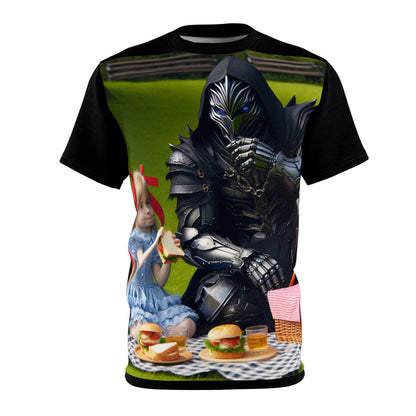 Stunning Unique Spooky Specter Samurai T-Shirt design featuring an elegant samurai villain and a charming blonde girl in a whimsical picnic scene. Designed by Dazzling Dreams Studio.