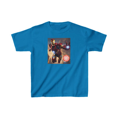 Kids Iron Man Heavy Duty T-Shirt in vibrant blue featuring a striking Hulk graphic and the iconic Iron Man logo, perfect for young superheroes.